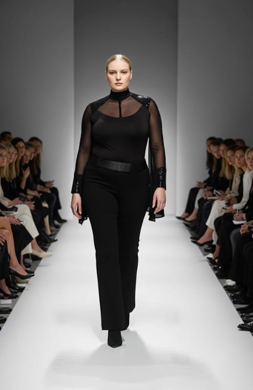 Plus size model is wearing a draped black bodysuit on the runway