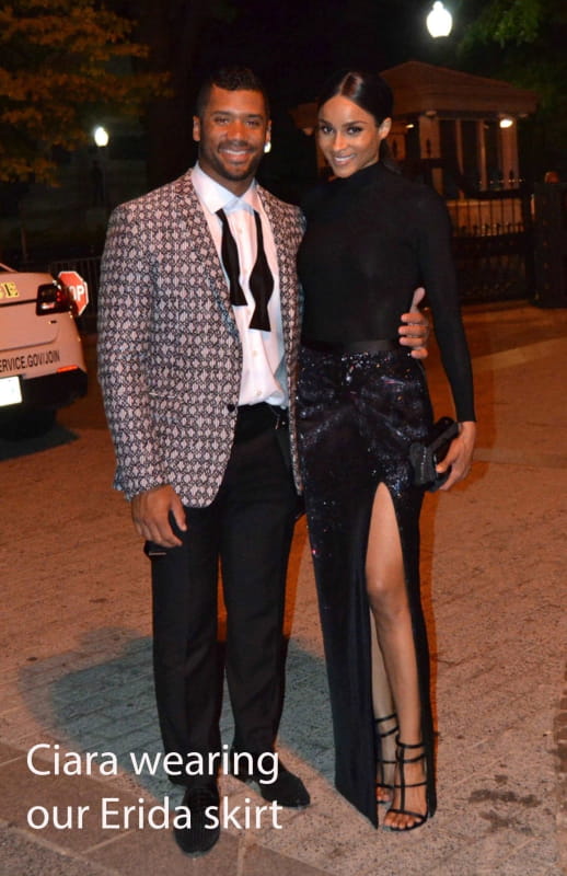 Ciara in our black draped long sequin skirt worn with a nude turtleneck bodysuit
