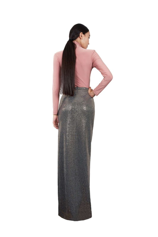 back view of gold sequin maxi skirt