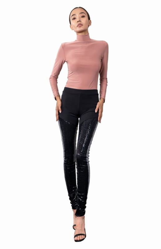 chic, Thigh high, black sequin leggings with a silver sparkly stripe on the side 