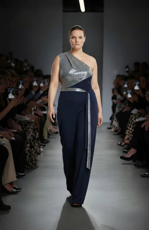 plus size model on the runway wearing one shoulder jumpsuit