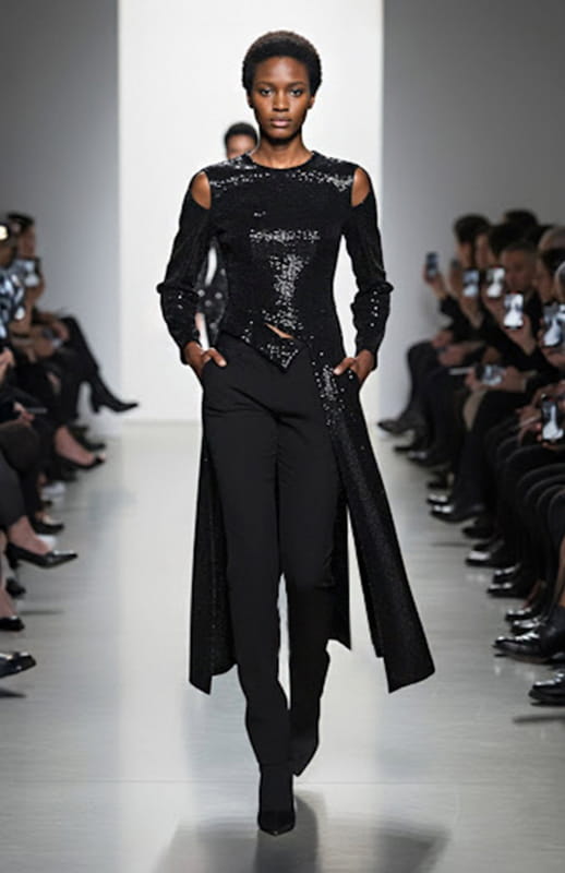 Model wearing a long sleeve black sequin top with tails and black pants on a runway with an audience.