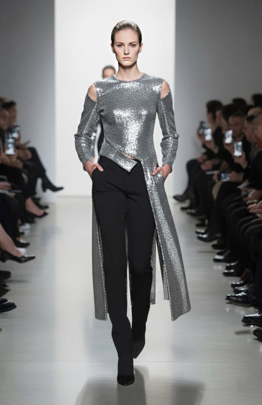 Model wearing a long sleeve silver sequin top with tails and black pants on a runway with an audience.