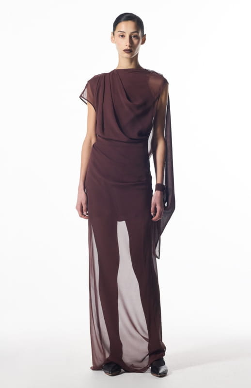 ethereal long silk chiffon brown dress