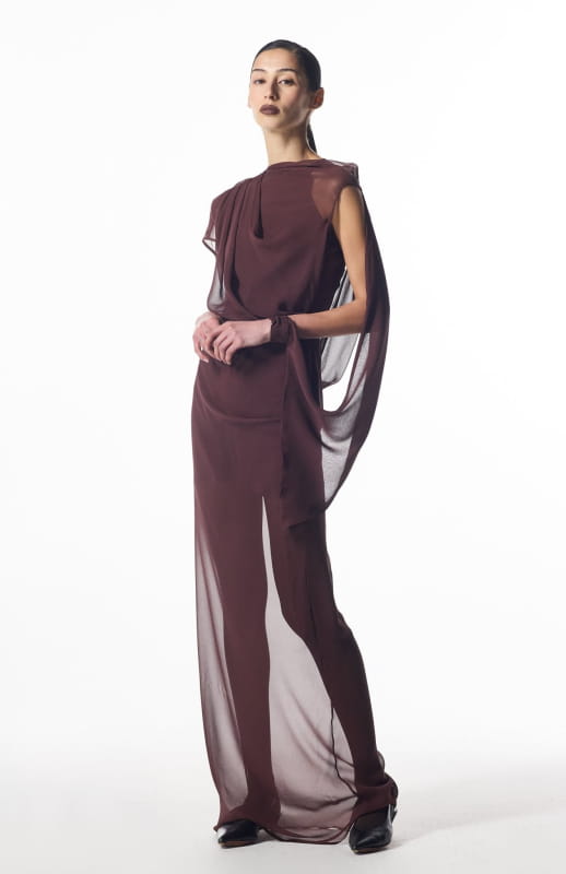 brown silk chiffon long dress