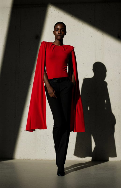 model is wearing a red bodysuit with cape sleeves and black pants