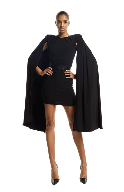 Inoussa Mini Cocktail Dress with Cape Sleeves | Michail S / Black Inoussa Mini Cocktail Dress with Cape Sleeves | Michail S / Black