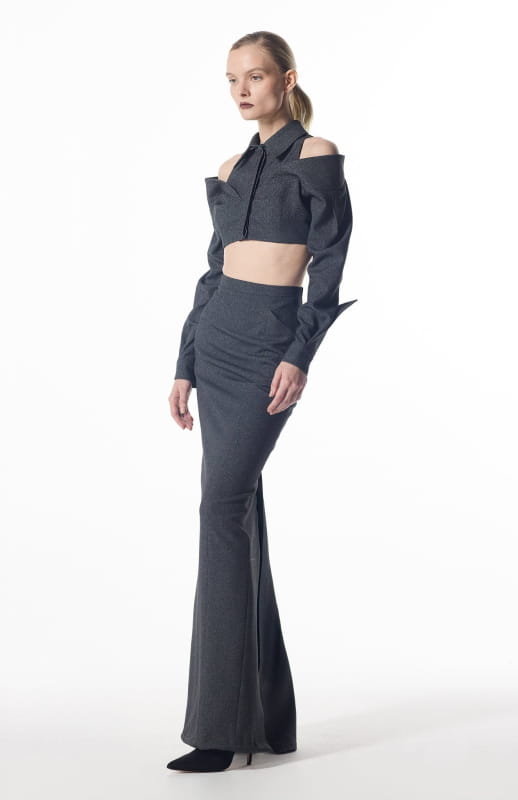 Wool crop shirt with draped sleeves