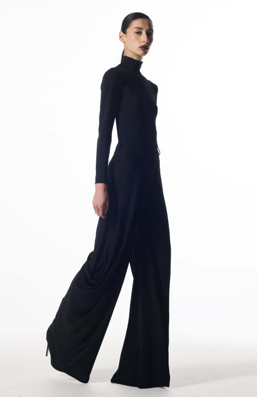 jersey wide leg pants model wearing Klavdia designer trousers