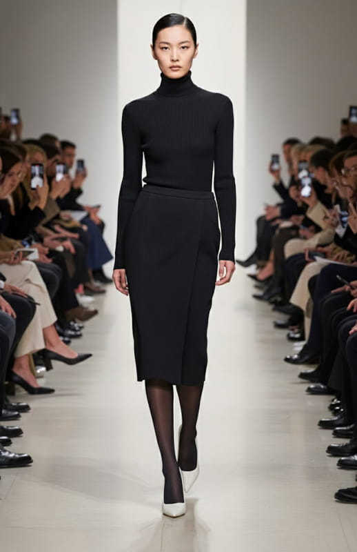 model is wearing a black turtleneck and black pencil skirt on the runway