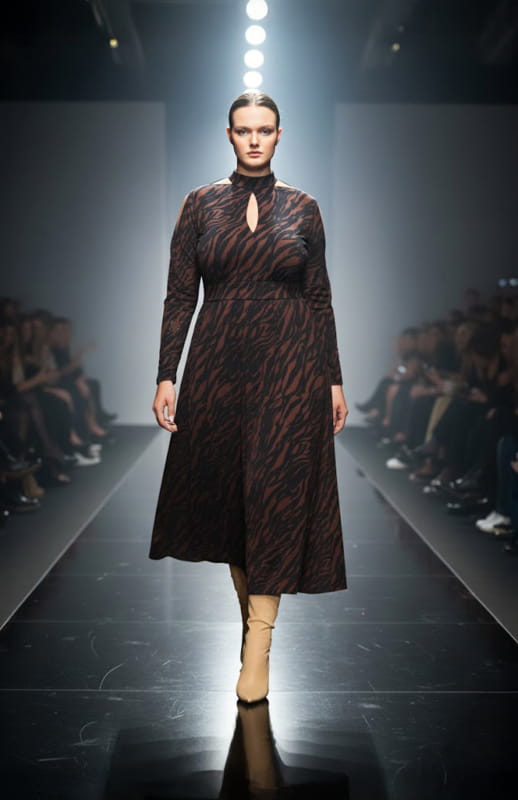 plus size model walking on a fashion show runway wearing a zebra-striped  brown dress.