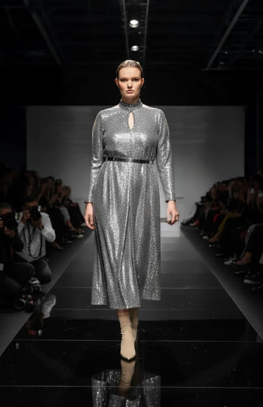 plus size model wearing silver sequin dress with cutouts