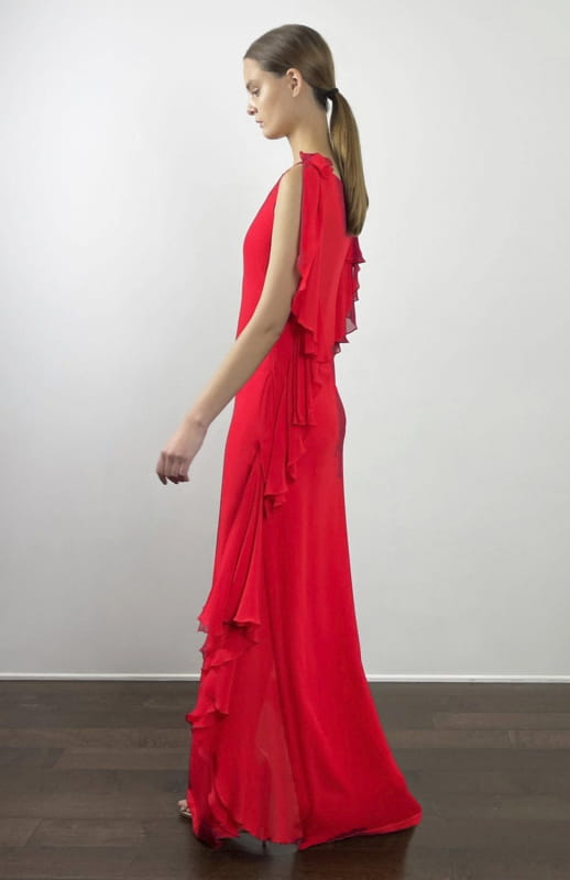 Grecian style, limited edition red long evening dress or red carpet gown in silk georgette with sheer back and draped frills 