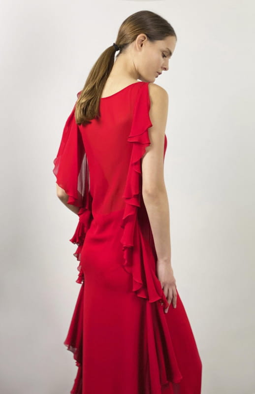 Limited edition red long evening dress or red carpet gown in silk georgette with sheer back and draped frills 