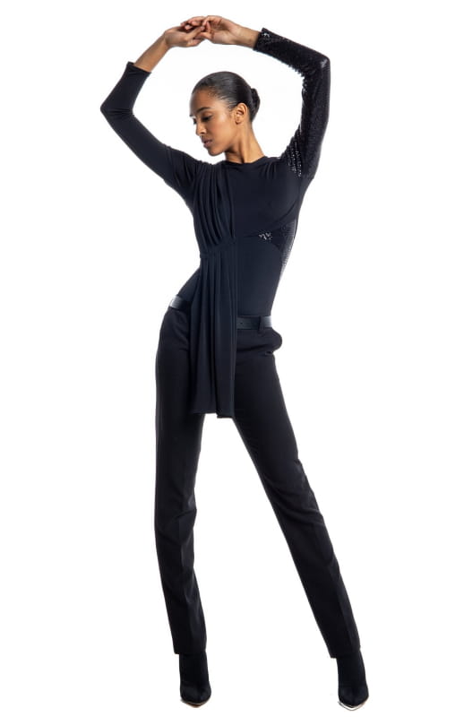Designer, black, dressy long sleeve t shirt with Grecian style draping and sequin contrast detail