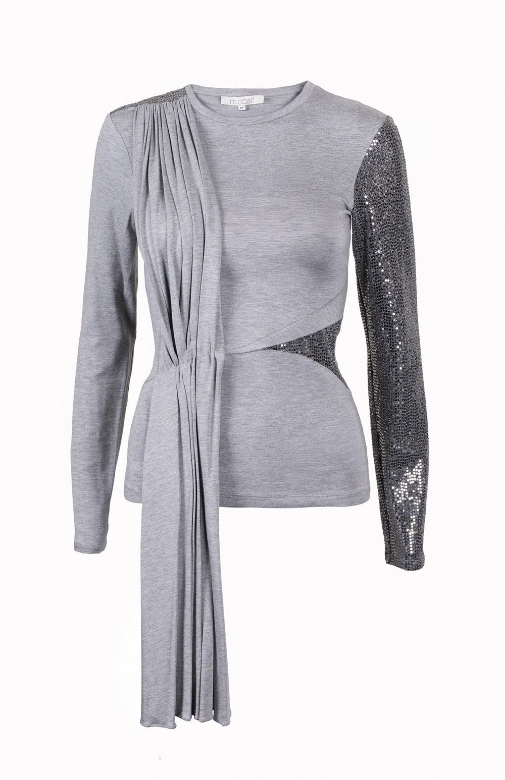 Grey t shirt with long sleeves and sequin contrast