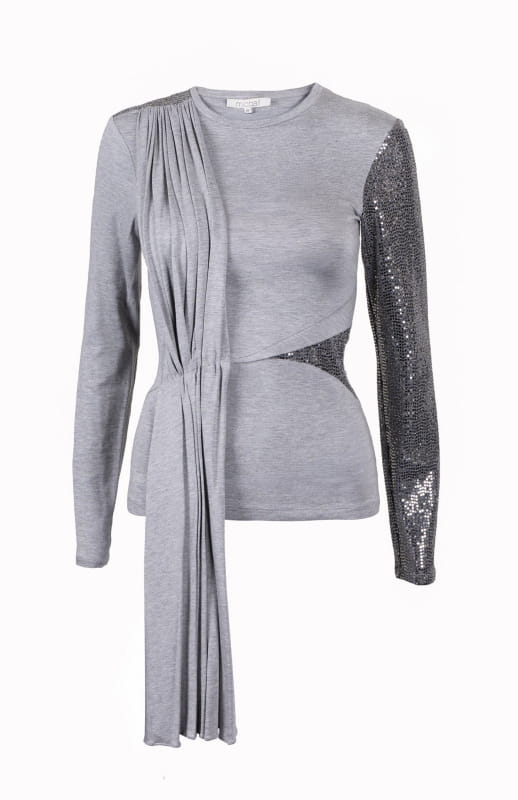 Grey t shirt with long sleeves and sequin contrast