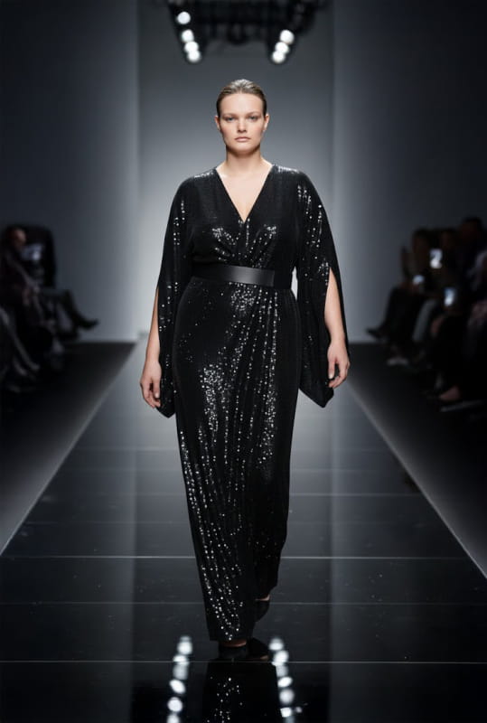 plus size model wearing a black sequin wrap gown on a runway