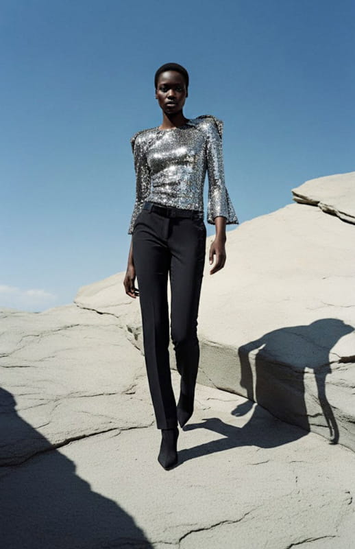 model wearing draped silver sequin bodysuit and black pants