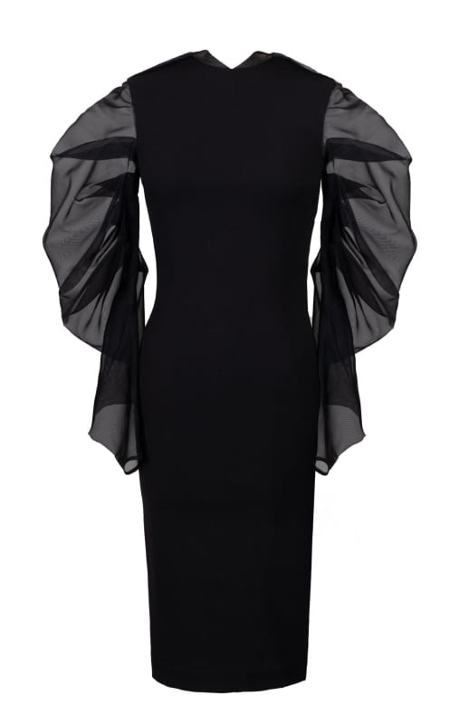 black cocktail dress with sheer draped sleeves