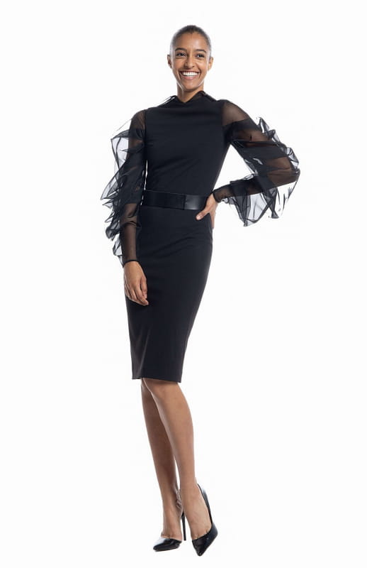 Chic, black, midi dress, in stretch crepe,  with oversized, draped, sheer, silk organza sleeves