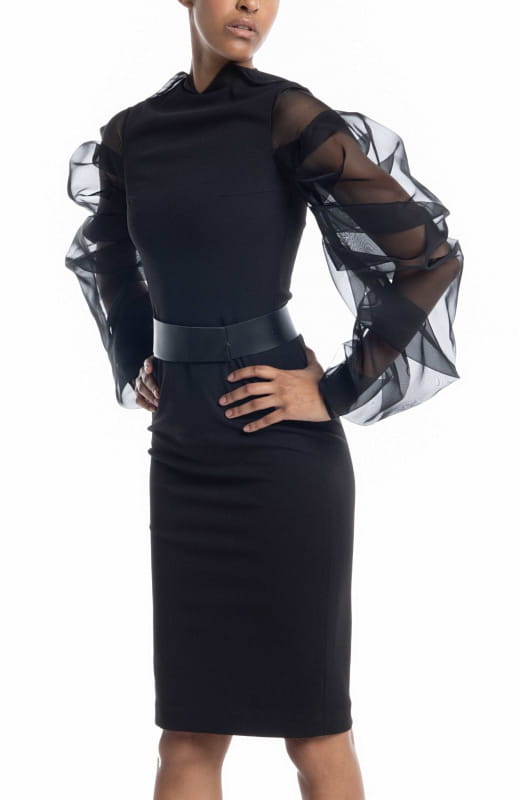 Chic, black, midi cocktail dress, in stretch crepe,  with oversized, draped, sheer, silk organza sleeves