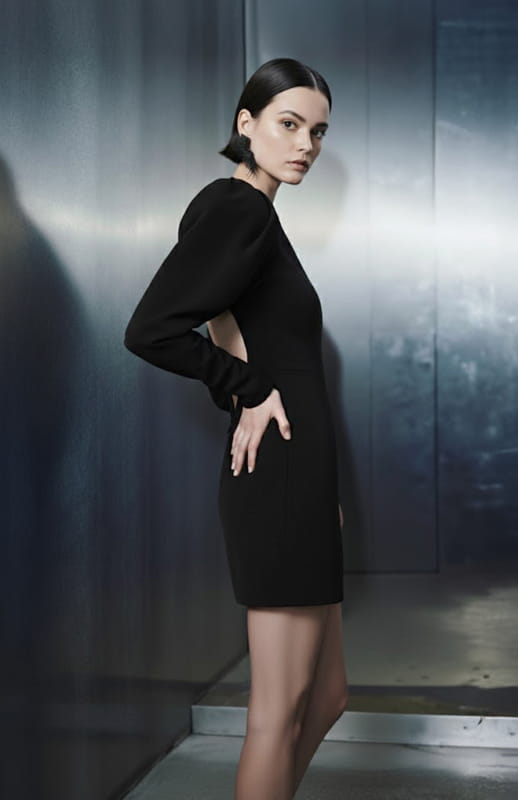 model wearing elegant black mini cocktail dress