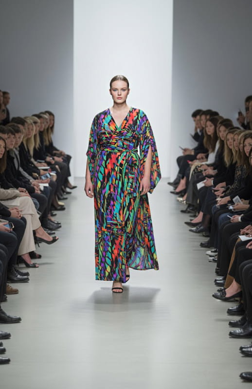 plus size model is wearing a long printed jersey wrap dress on the runway