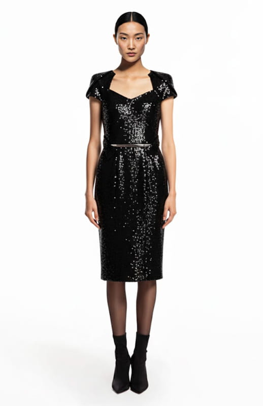model is wearing midi black sequin dress