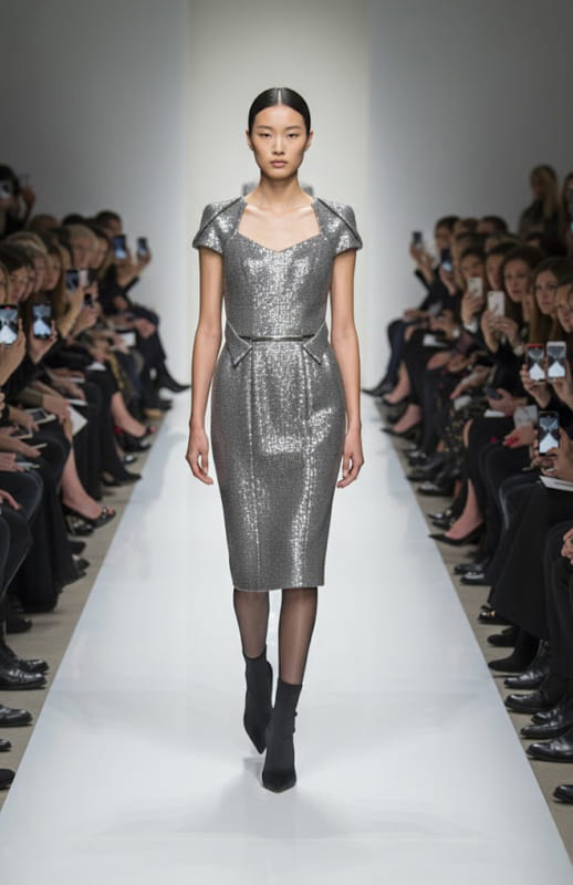 model is wearing midi silver sequin dress on the runway