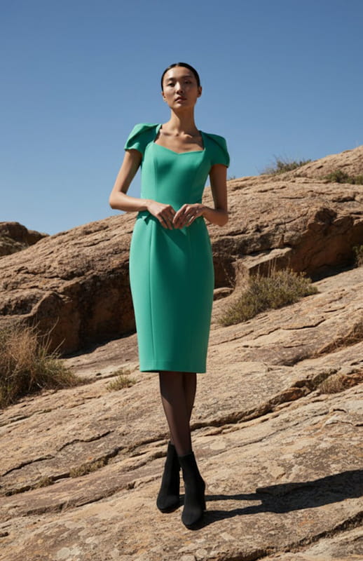 model is wearing a cap sleeve fitted jade green dress
