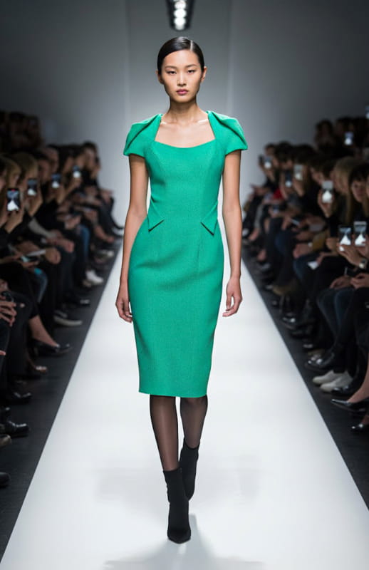 model is wearing a midi jade green fitted draped dress on the runway