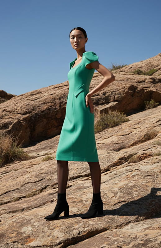 model is wearing a cap sleeve fitted jade green dress
