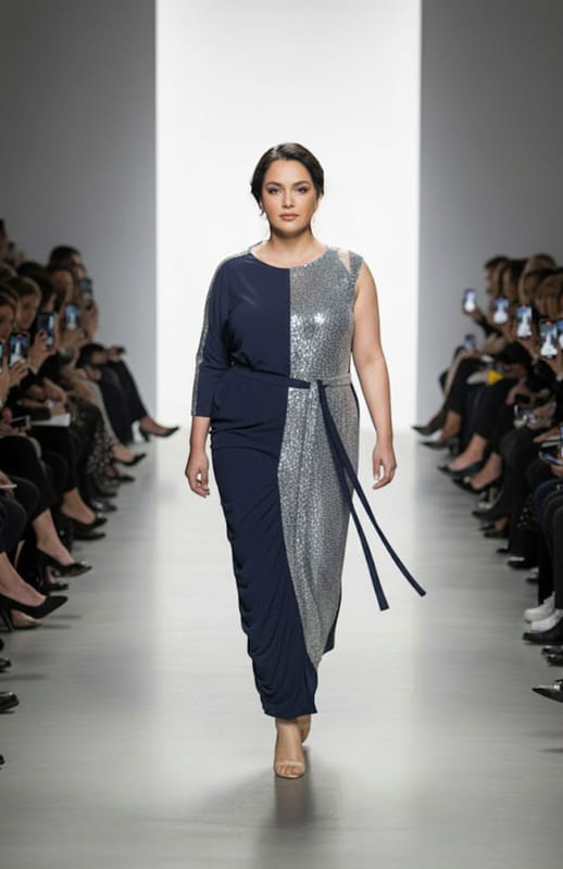 plus size model is wearing a draped dress on the runway