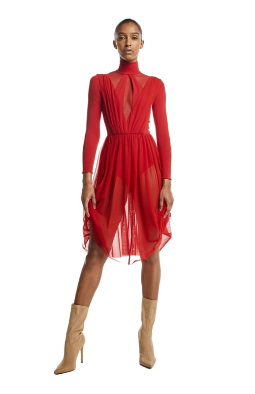 Sexy, Red, ballerina style, bodysuit dress, with long sleeves, turtleneck and gathered sheer skirt below the knee.