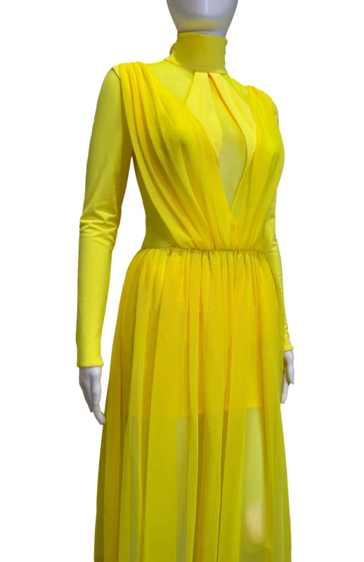 yellow sheer dress with underskirt