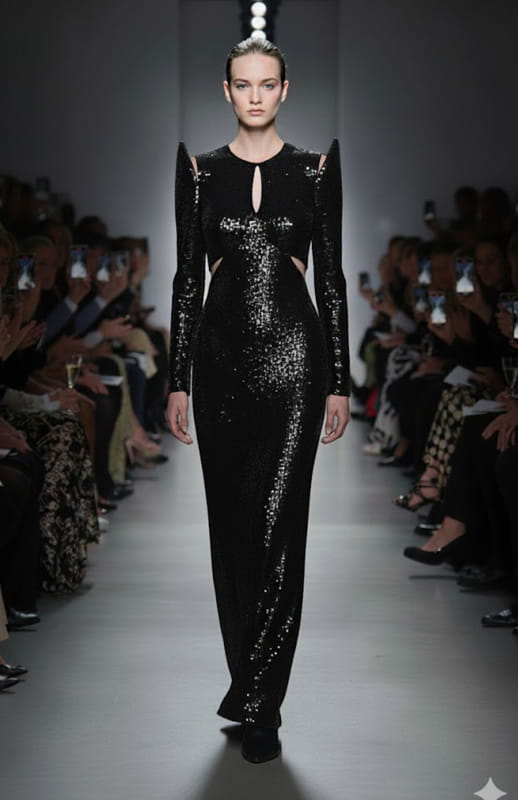Model wearing a black sequin dress on a fashion runway with an audience.