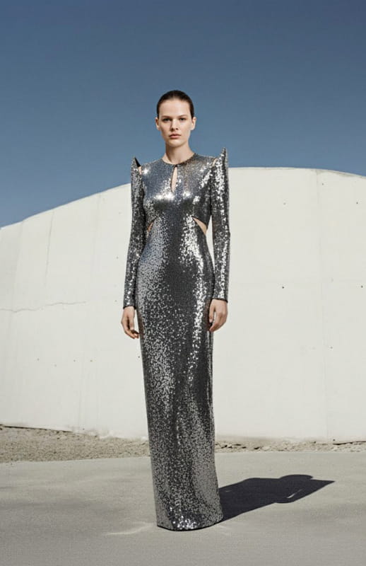 model is wearing long sleeve, long silver sequin dress with cutouts