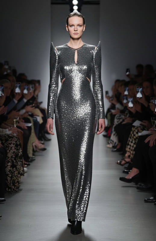 Model wearing a silver sequin dress on a runway with an audience.