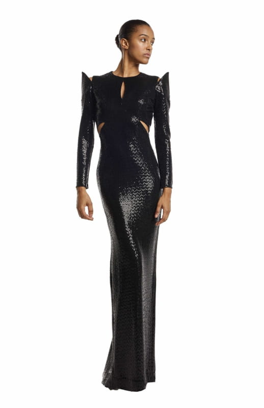 black sequin maxi dress with sleeves