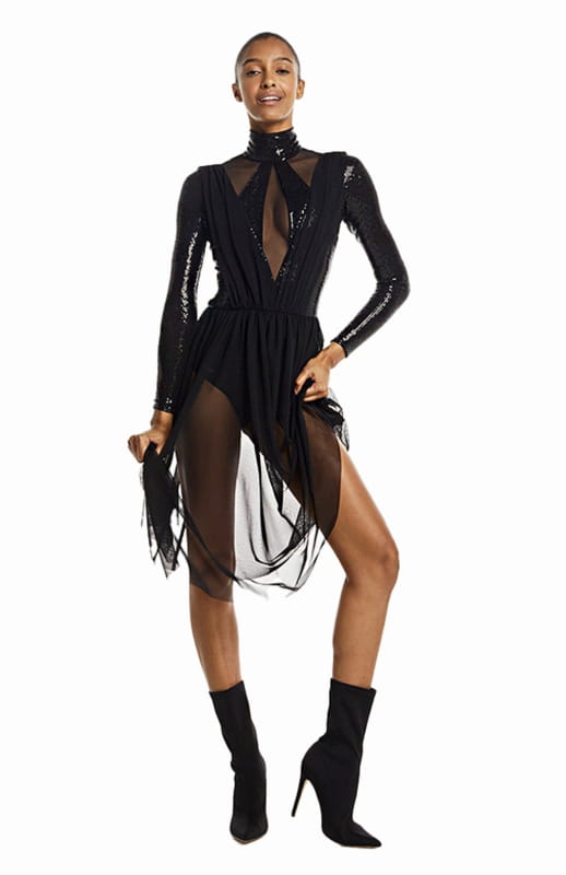 Black, long sleeve, turtleneck, bodysuit dress with draped low neckline and sheer skirt. 