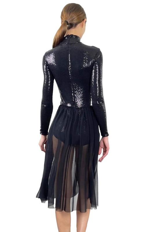 Chic ballerina style cocktail dress. Black, long sleeve, turtleneck, bodysuit dress with draped low neckline and sheer skirt. 