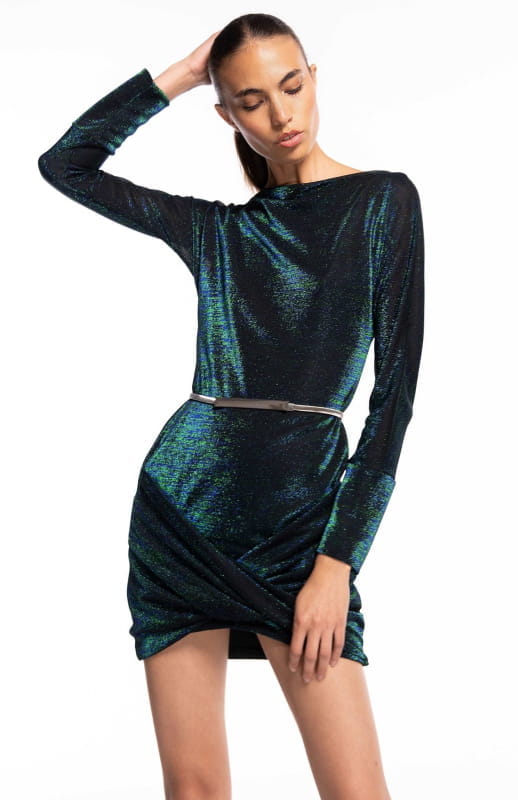 Oneero Glam | Sleek Shimmer: Draped Iridescent Knit Dress - michail - Dresses