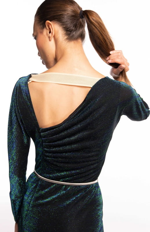 Oneero Glam | Sleek Shimmer: Draped Iridescent Knit Dress - michail - Dresses