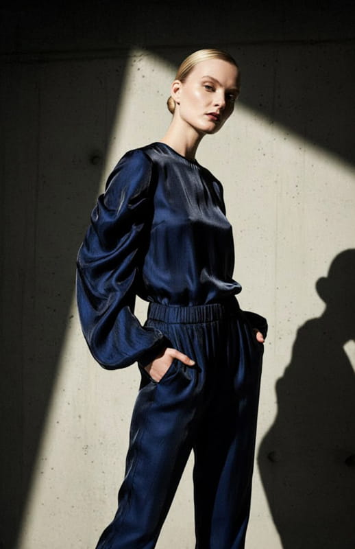 model is wearing a navy satin blouse with draped sleeves and navy satin pants