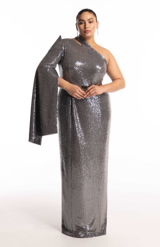 Long silver sequin plus size dress