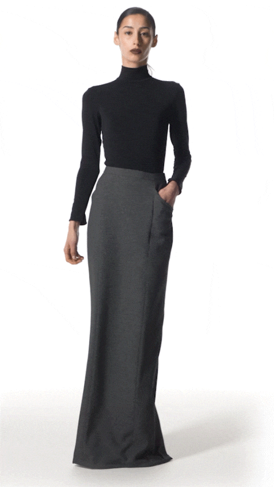 model wearing Philoxene long pencil skirt with black turtleneck top