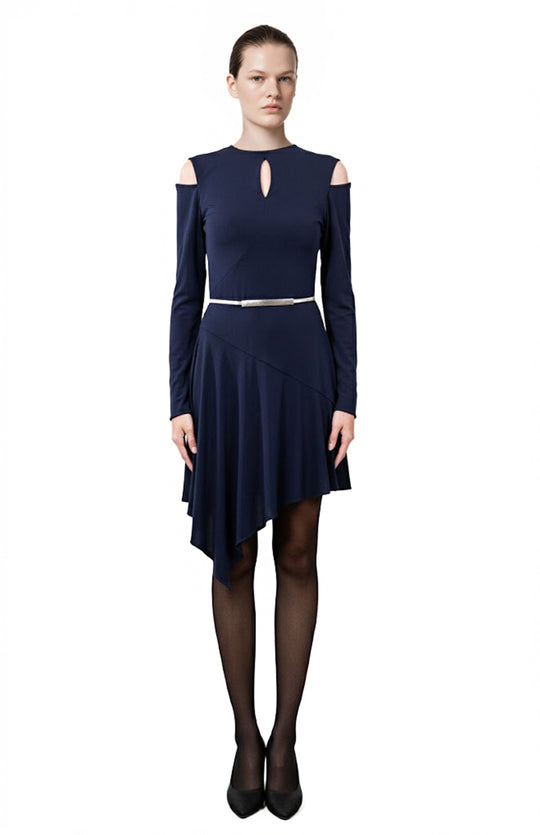 Aerope_Navy model wearing asymmetrical navy mini jersey dress