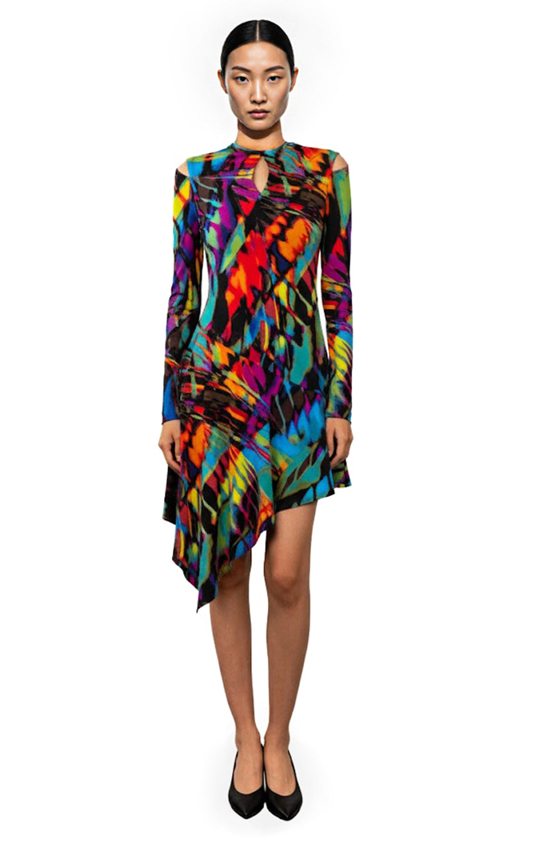 model is wearing an asymmetrical printed jersey dress