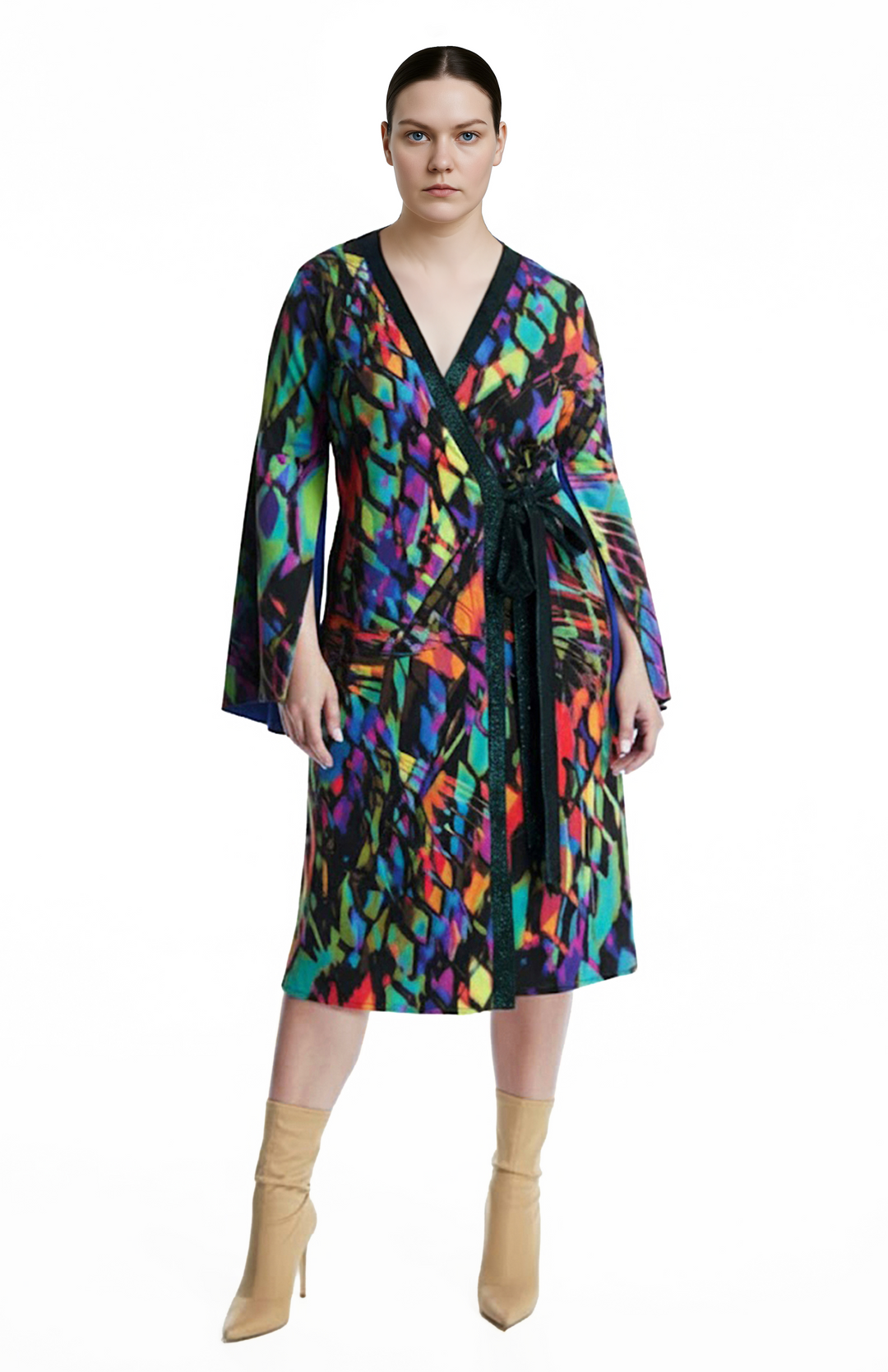 plus size model is wearing a printed wrap jersey dress
